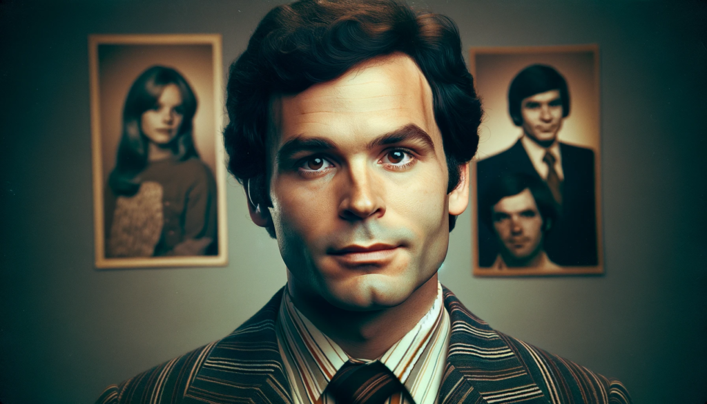 A man resembling Ted Bundy, in his 30s, with dark hair, intelligent eyes, and a charismatic yet unsettling demeanor, standing in front of a 1970s back