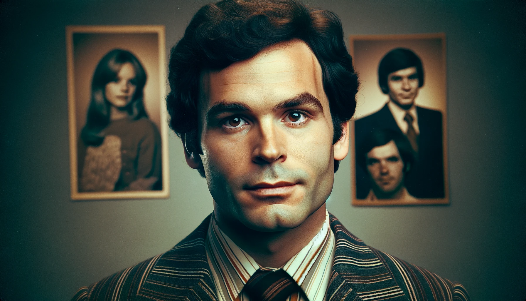 A man resembling Ted Bundy, in his 30s, with dark hair, intelligent eyes, and a charismatic yet unsettling demeanor, standing in front of a 1970s back