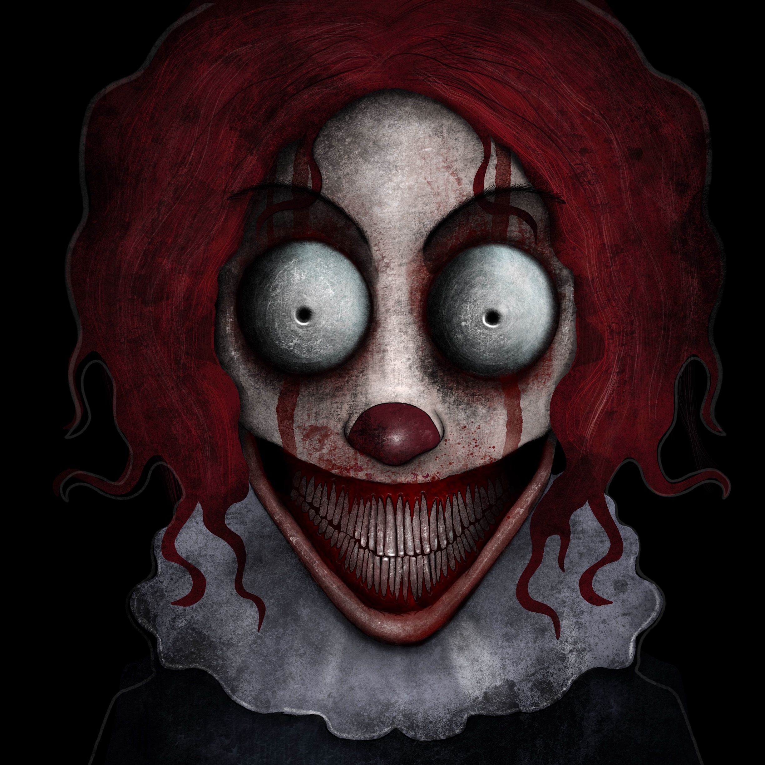 A creepy clown with red hair on a black background.