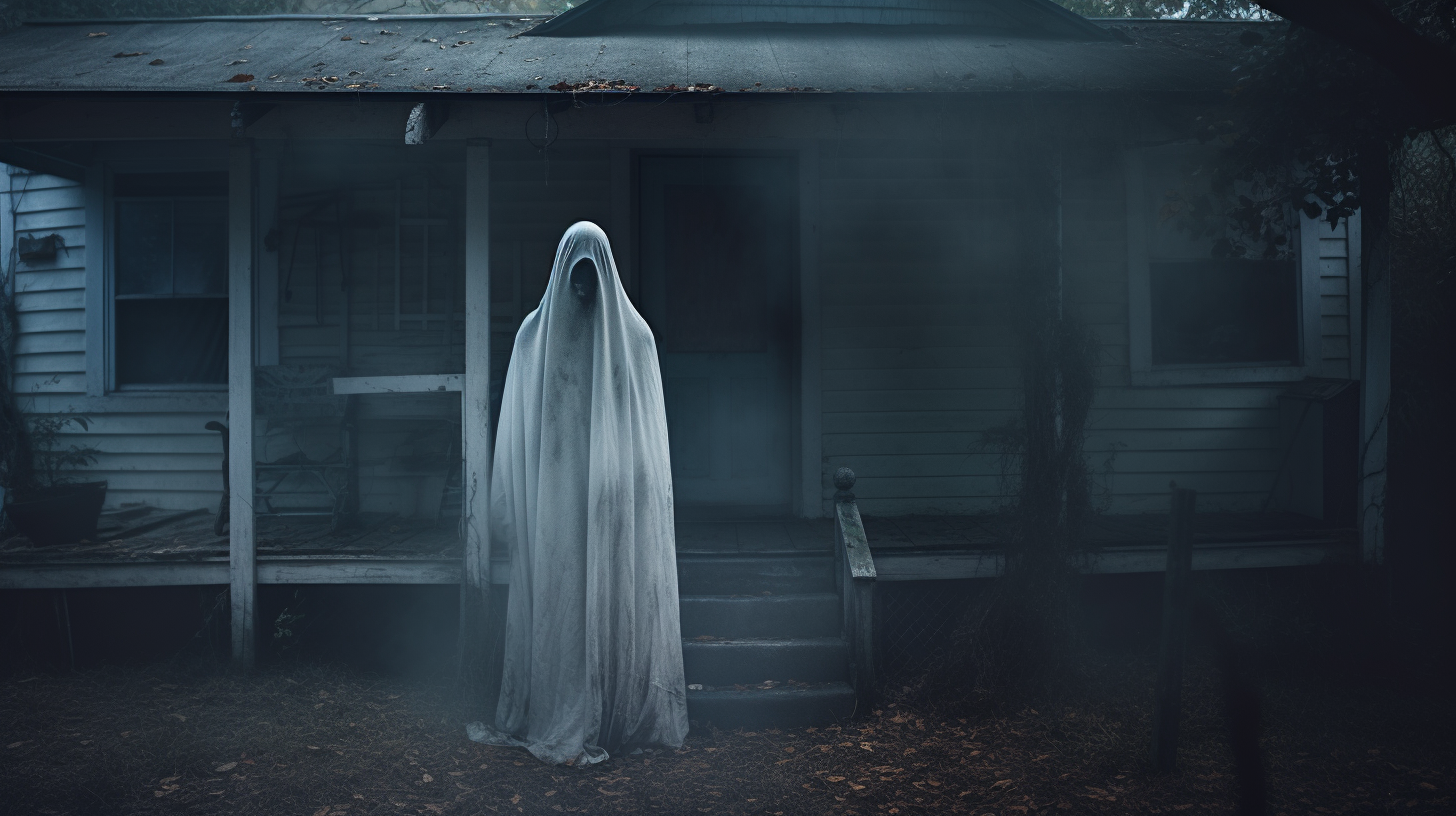 Ghost stood in front of a haunted house