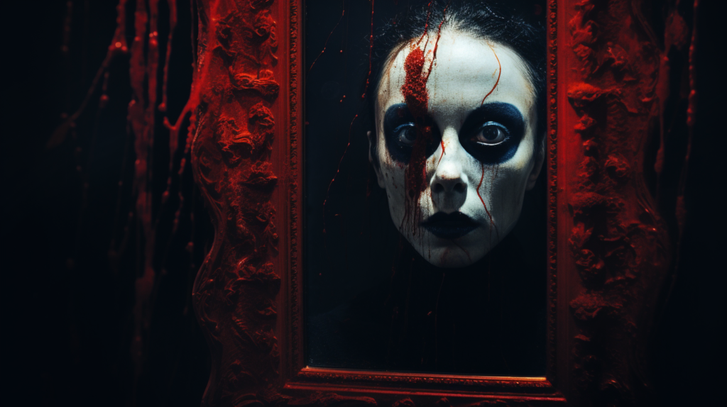 A woman with blood on her face is looking into a mirror.
