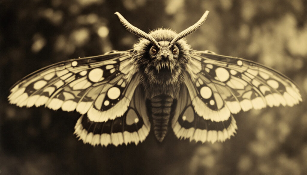 Close-up of a moth with intricate wing patterns and distinctive antennae, set against a blurred natural background.