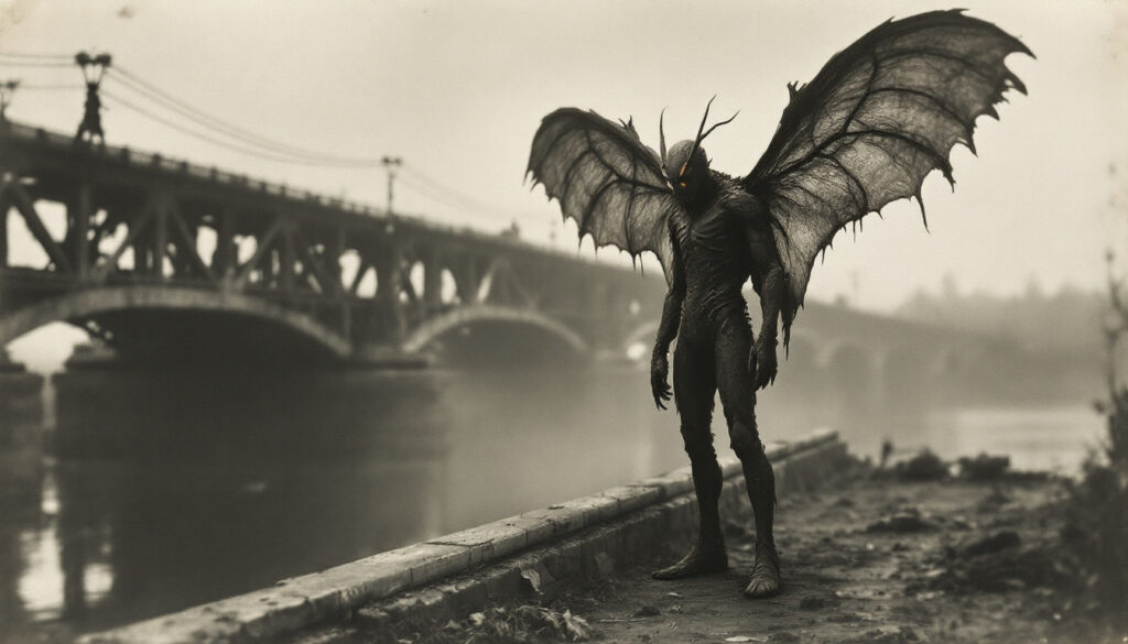 A winged humanoid creature stands by a foggy riverside with a bridge in the background.