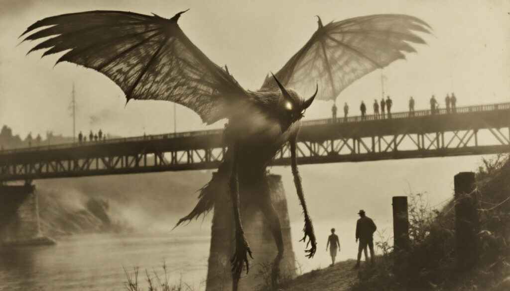 A large, bat-like creature with glowing eyes hovers near a bridge. Silhouettes of people stand on the bridge and a person stands on the riverbank below.