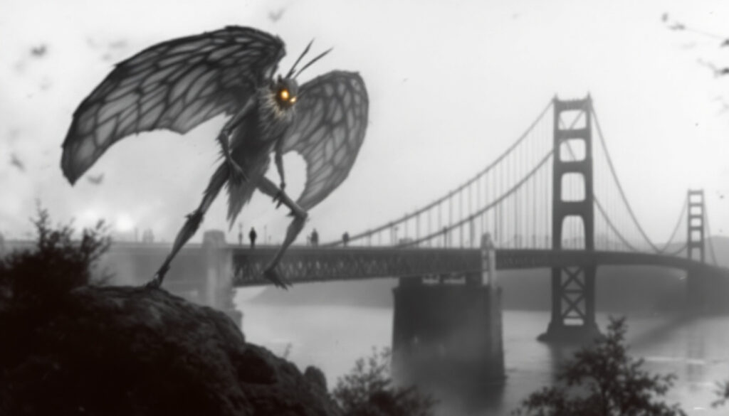 A large, mythical creature with glowing eyes stands on a rock near a bridge in a foggy setting.