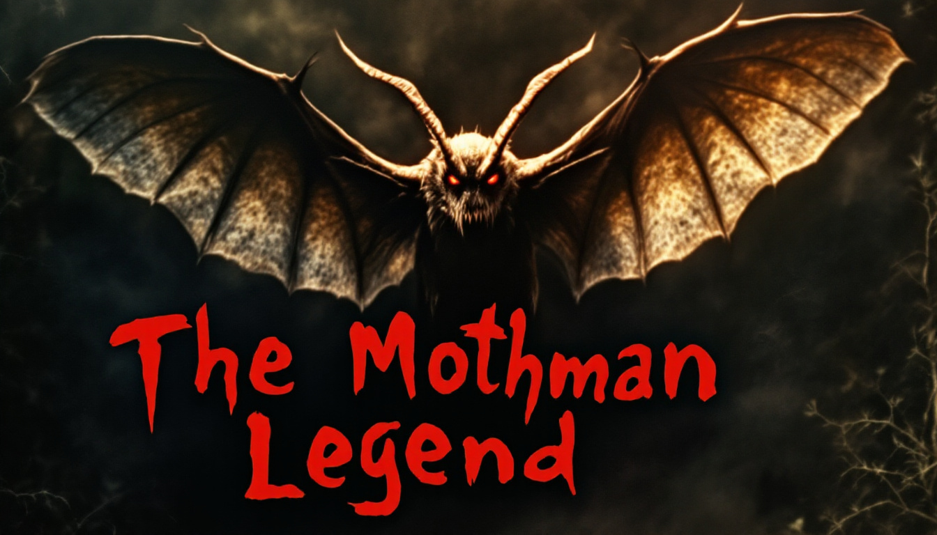 Dark illustration of a winged creature with red eyes and horns above red text reading "The Mothman Legend.