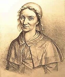 Sketch of a woman in a bonnet and cloak, facing forward with a calm expression.