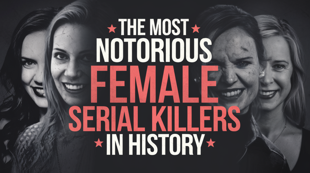 Text graphic with black and white photos of four women and bold text: "The Most Notorious Female Serial Killers in History.