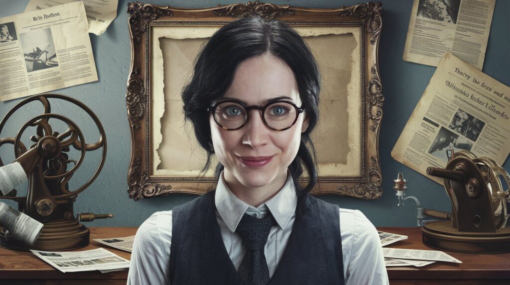 Woman with glasses and a vest stands in front of an empty ornate frame, surrounded by scattered vintage newspapers and film reels on a wooden table.
